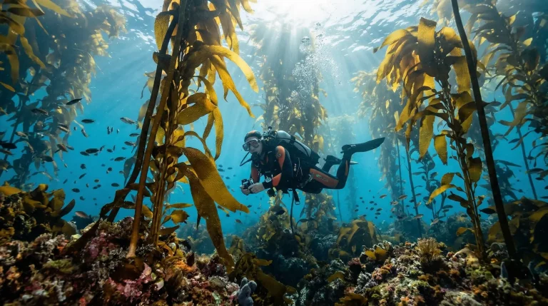 Scuba diver exploring the underwater kelp forest near Cape Town