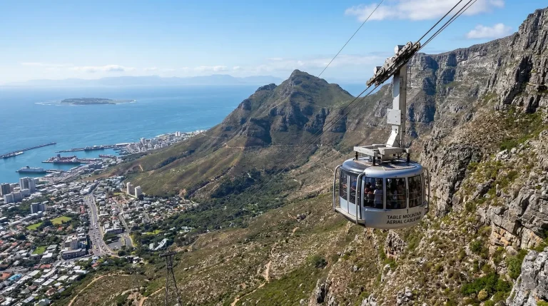Table Mountain cableway above Cape Town with ocean and city views